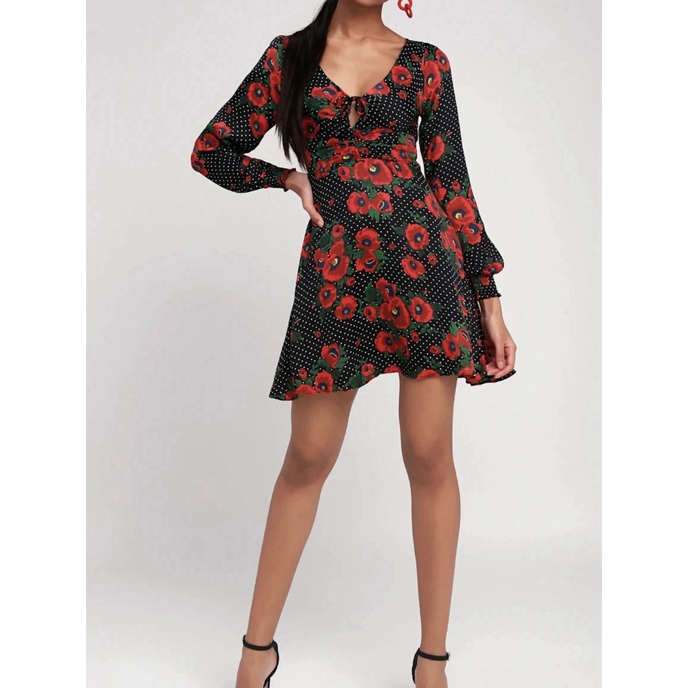 Free People Black Red Floral Mini Dress Balloon Sleeve Peasant Fairy Western